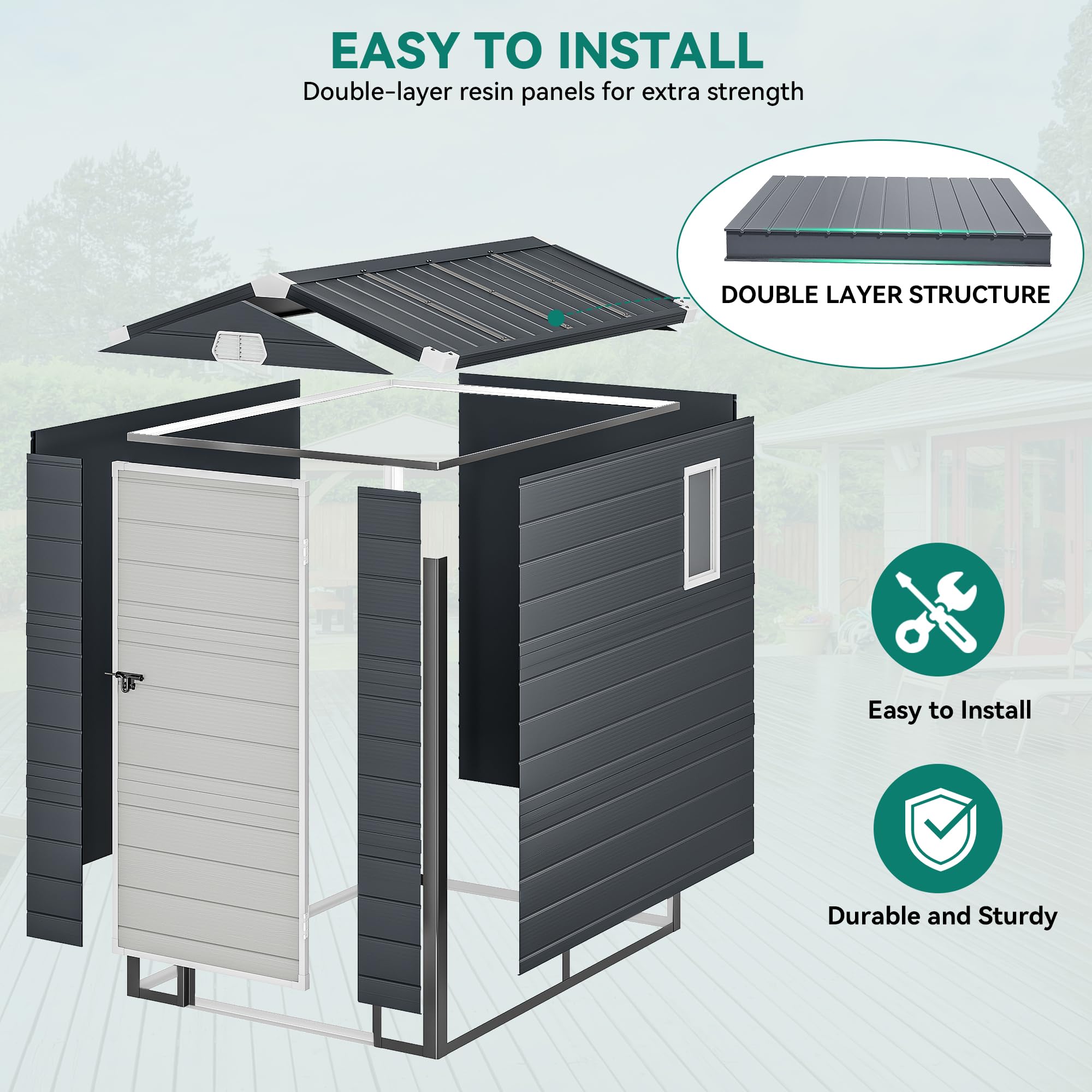 YITAHOME 4.4x6.2FT Outdoor Resin Storage Shed w/o Floor, All-Weather Plastic Shed with Lockable Doors, Window & Vents, Plastic Tool Shed for Backyard, Patio, Poolside, Lawn, Gray