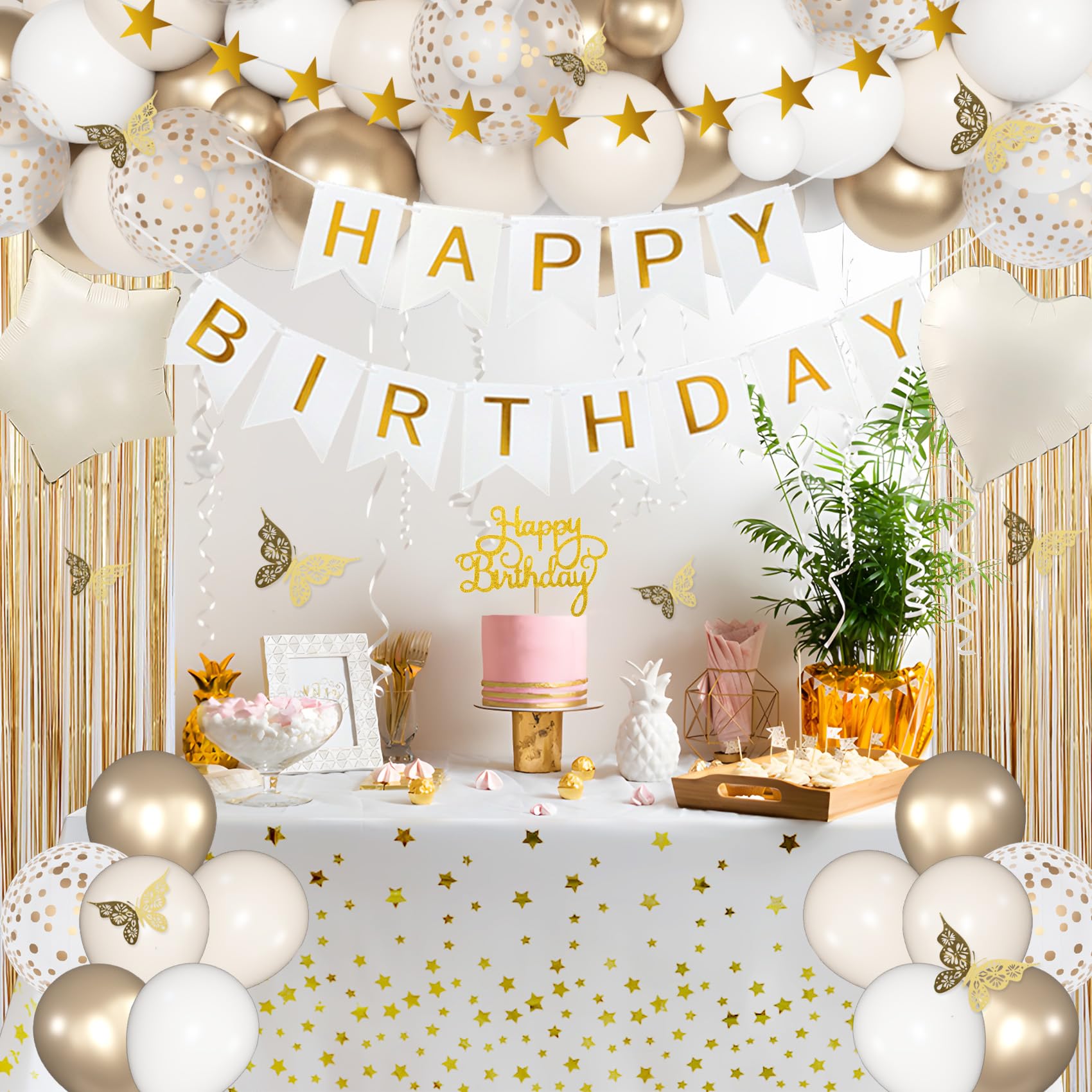 Birthday Decorations for Women, White Sand Beige Cream Neutral Gold Foil Balloons Table Cloth Sash Crown Curtains Happy Birthday Banner Golden Star Garland Butterfly Boho Party Supplies