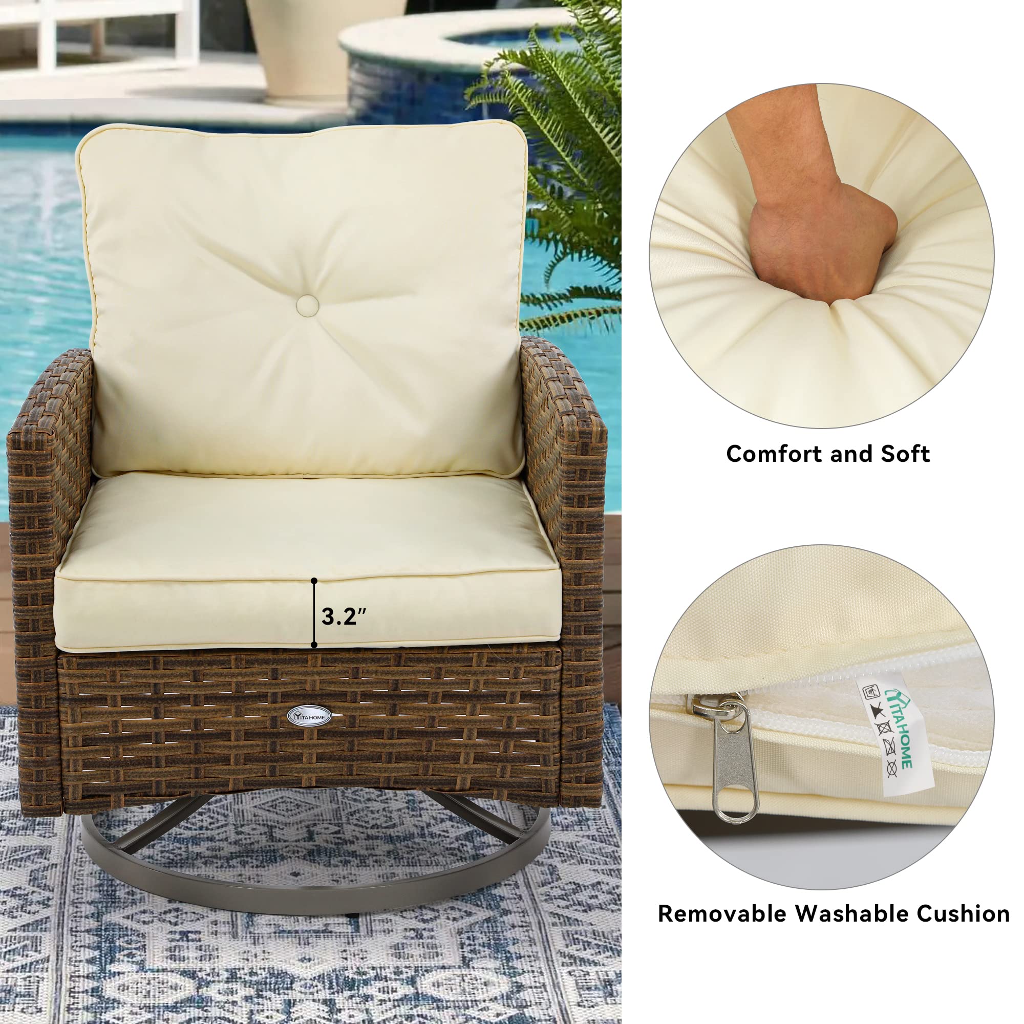 YITAHOME 3-Piece Patio Wicker Swivel Chairs, Outdoor Small Furniture Rocking Coversation Chairs w/Thick Cushions and Table for Garden, Backyard and Balcony (Tan Chairs + Off- White Cushions)