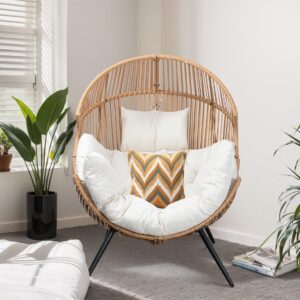 JAMFLY Egg Chair Outdoor Wicker Patio Chair, Oversized Lounger Chair with Cushion Egg Basket Chair for Indoor Living Room Bedroom Outside Patio Backyard Balcony