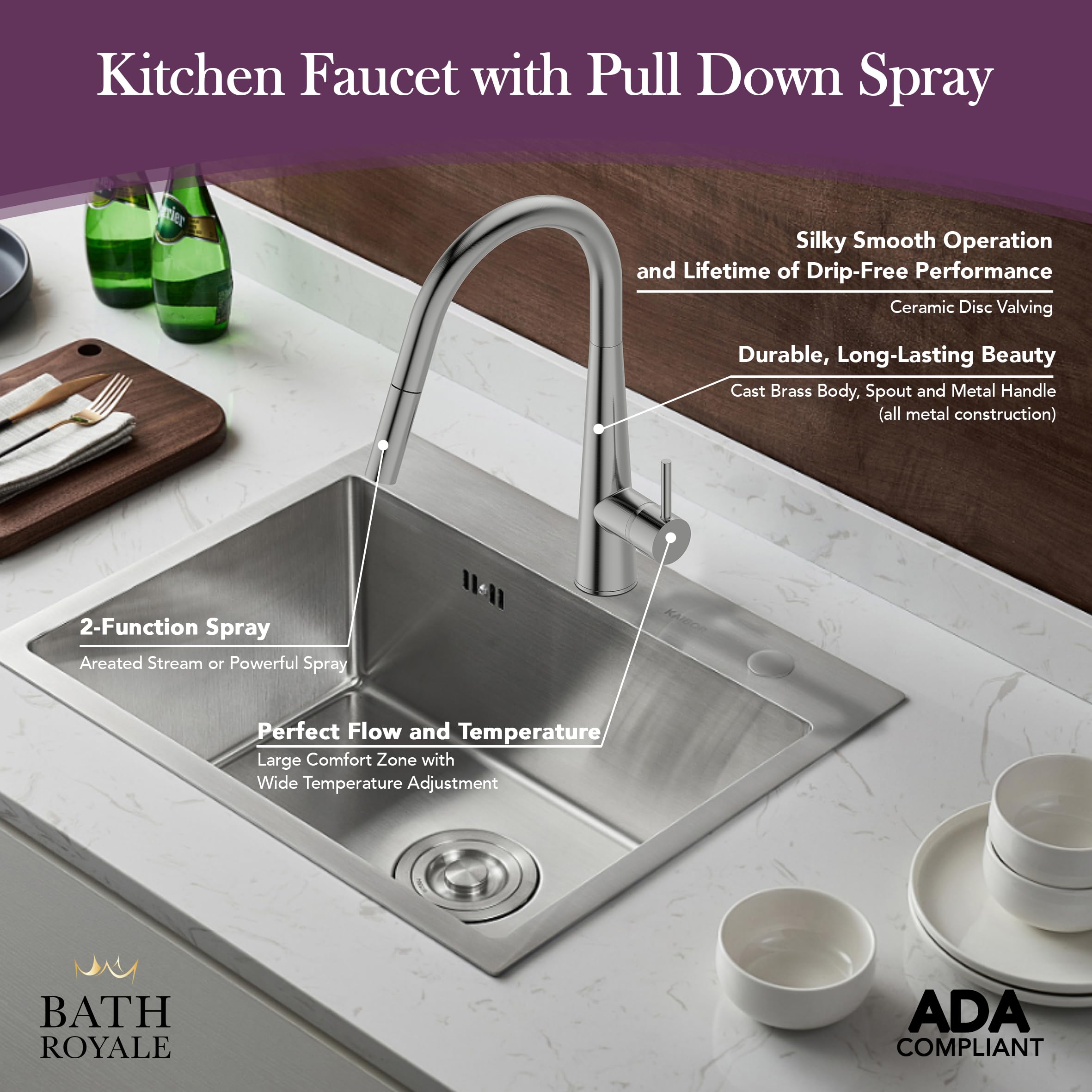 Bath Royale Modern Kitchen Faucet with Pull Out Spray - Single Control, All Metal, Stainless Steel