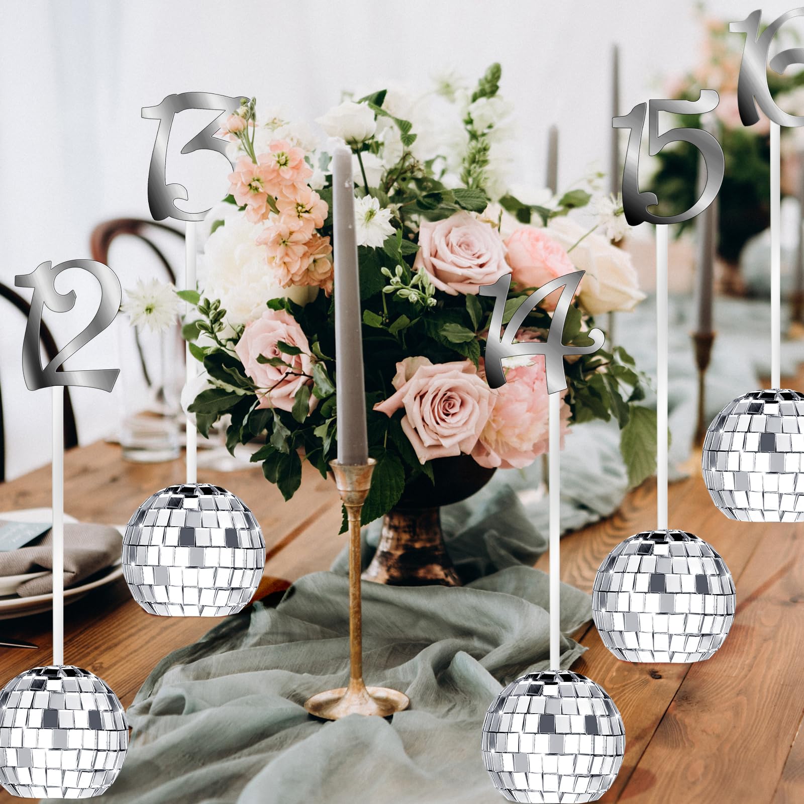 YLOLUL Wedding Table Numbers 1-30 Silver Disco Ball Table Number Holders for Wedding Reception Seat Table Numbers Stands for Wedding Birthday Event Party Decoration(Silver)