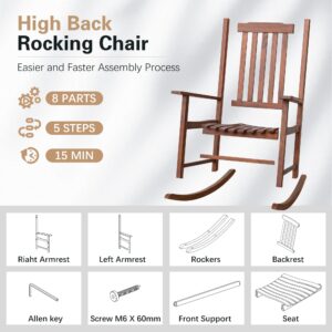 Greesum Outdoor Rocking Chair, Acacia High Back Oversized All-Weather Lounge Rocker with 320 lbs of Support for Patio, Garden, Deck, Porch,Brown