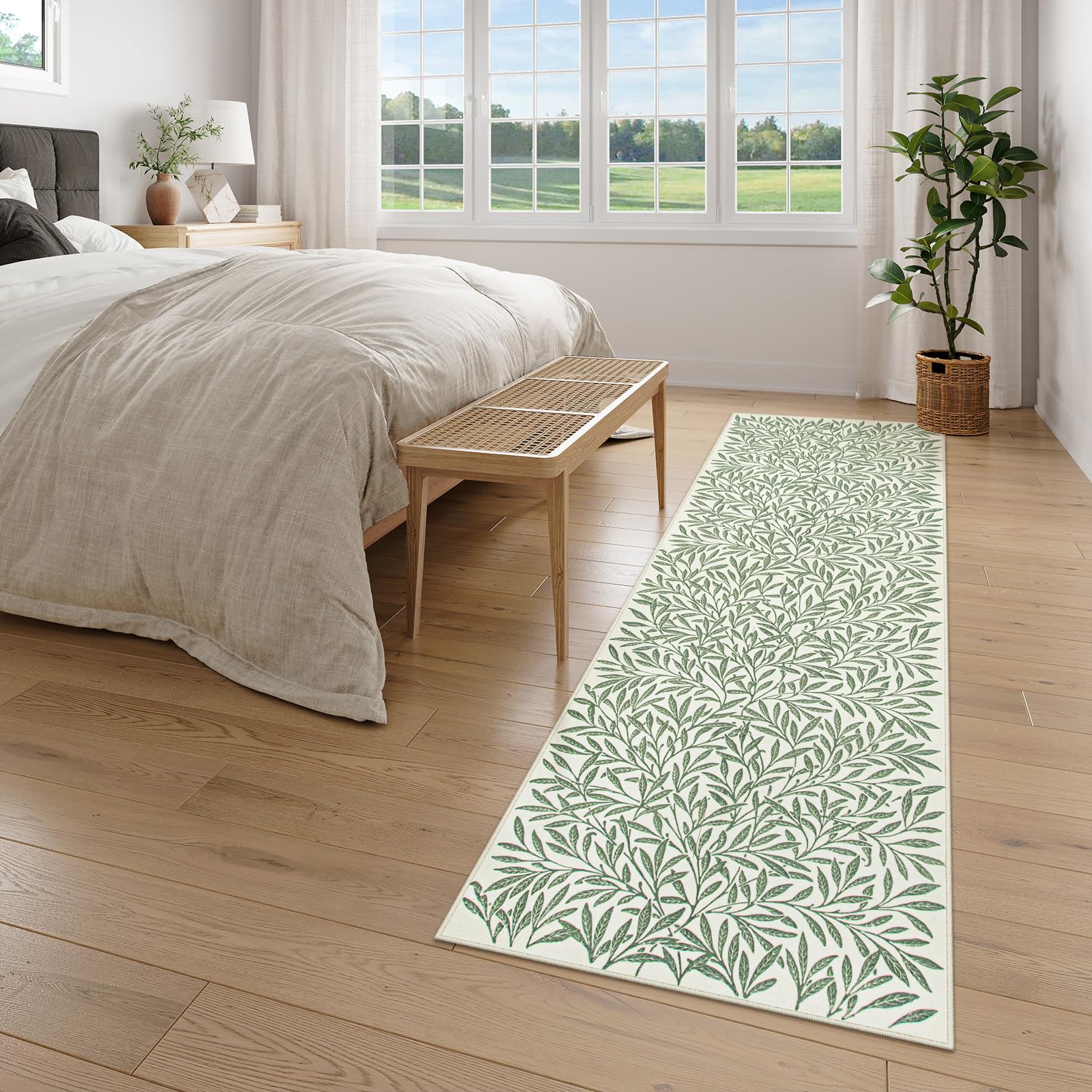 Lahome Botanical Boho Runner Rug, Soft Green Kitchen Runner Rugs Non Skid, Washable Leaf Carpet Runner for Hallway 8ft, Non Shedding Modern Rug for Entryway Porch (2'5''x8', Green)