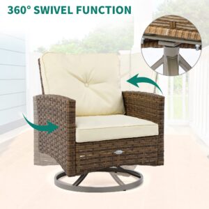 YITAHOME 3-Piece Patio Wicker Swivel Chairs, Outdoor Small Furniture Rocking Coversation Chairs w/Thick Cushions and Table for Garden, Backyard and Balcony (Tan Chairs + Off- White Cushions)