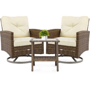 YITAHOME 3-Piece Patio Wicker Swivel Chairs, Outdoor Small Furniture Rocking Coversation Chairs w/Thick Cushions and Table for Garden, Backyard and Balcony (Tan Chairs + Off- White Cushions)