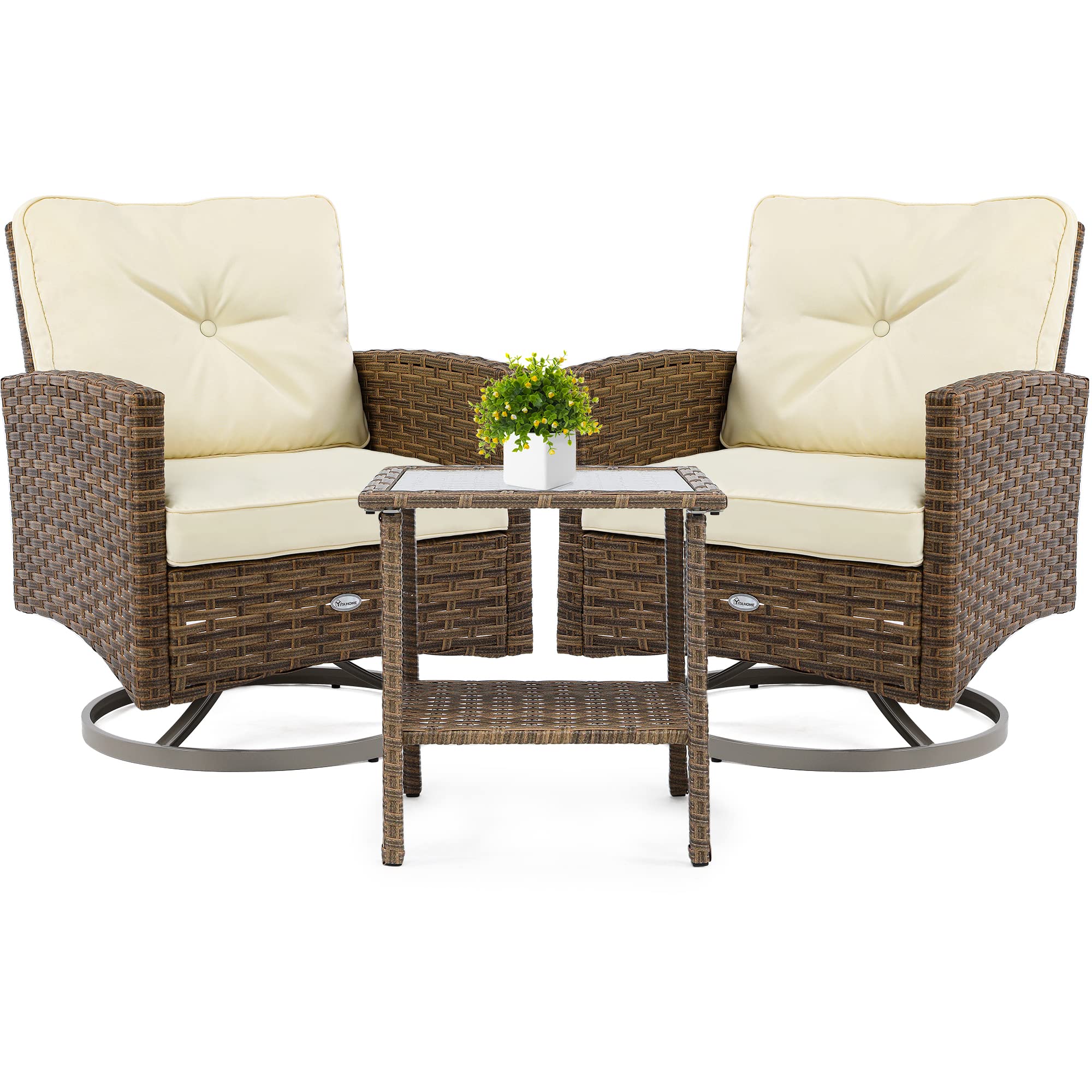 YITAHOME 3-Piece Patio Wicker Swivel Chairs, Outdoor Small Furniture Rocking Coversation Chairs w/Thick Cushions and Table for Garden, Backyard and Balcony (Tan Chairs + Off- White Cushions)