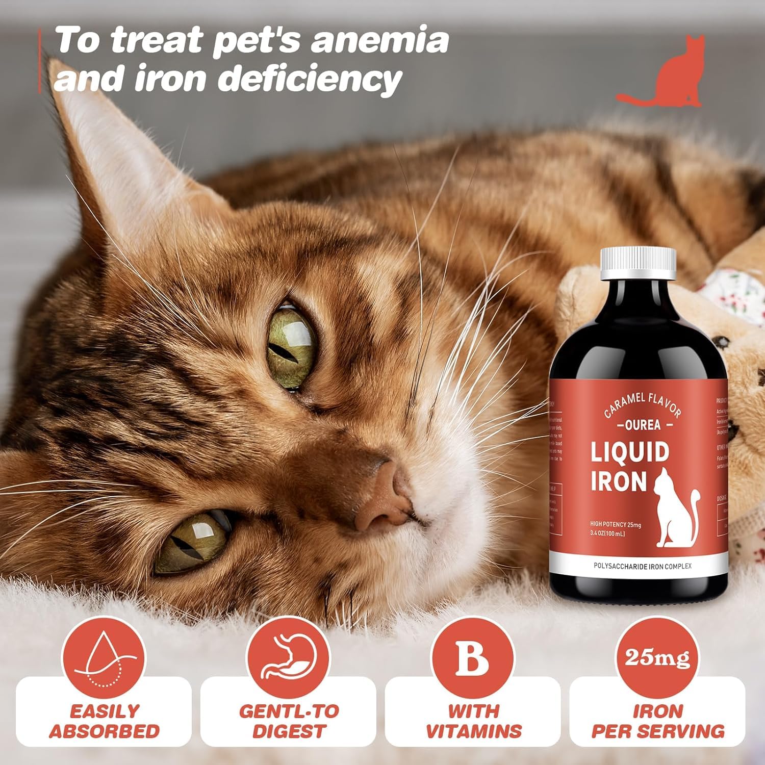 Iron Supplements for Cats - Liquid Iron for Anemia with Cat Vitamins, Support Iron Levels, Promote Red Cell, Boost Energy and Vitality in Cat Health, 3.4oz(100ml)