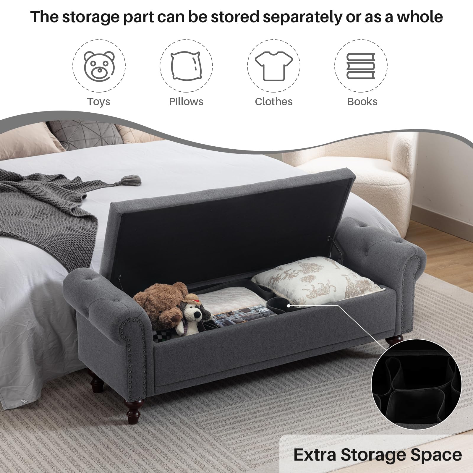 SOFTHION Storage Bench Upholstered Linen End of Bedroom Bed Bench Ottoman with Tufted Cushioned Rolled Arm Large Storage Space for Reading Living Room Entryway, Grey