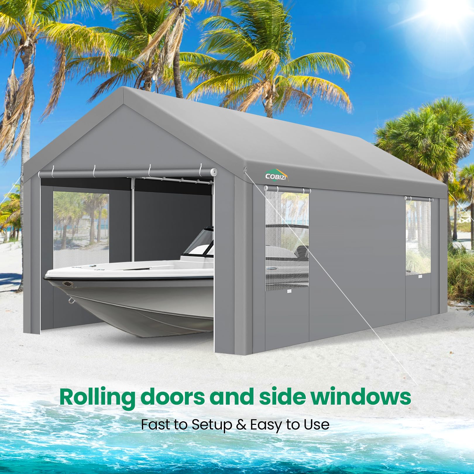 COBIZI Carports 10x20 Heavy Duty Car Canopy Garage with Roll-Up Ventilation Windows & Doors, Removable Sidewalls Portable Carport Canopy Waterproof with Built-in Sandbags for Cars, Boats, Trucks, Gray