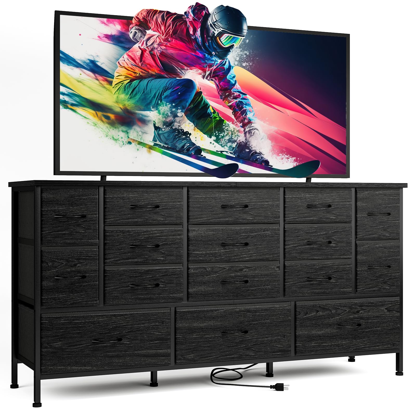 Fixwal 63.3 Inch Large Black Dresser for Bedroom, 16 Drawer Dresser, Long TV Stand for 55, 65, 70 Inch TV with Power Outlets, Fabric Chest of Drawers for Bedroom, Living Room, Entryway, Black