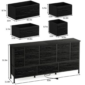 Fixwal 63.3 Inch Large Black Dresser for Bedroom, 16 Drawer Dresser, Long TV Stand for 55, 65, 70 Inch TV with Power Outlets, Fabric Chest of Drawers for Bedroom, Living Room, Entryway, Black