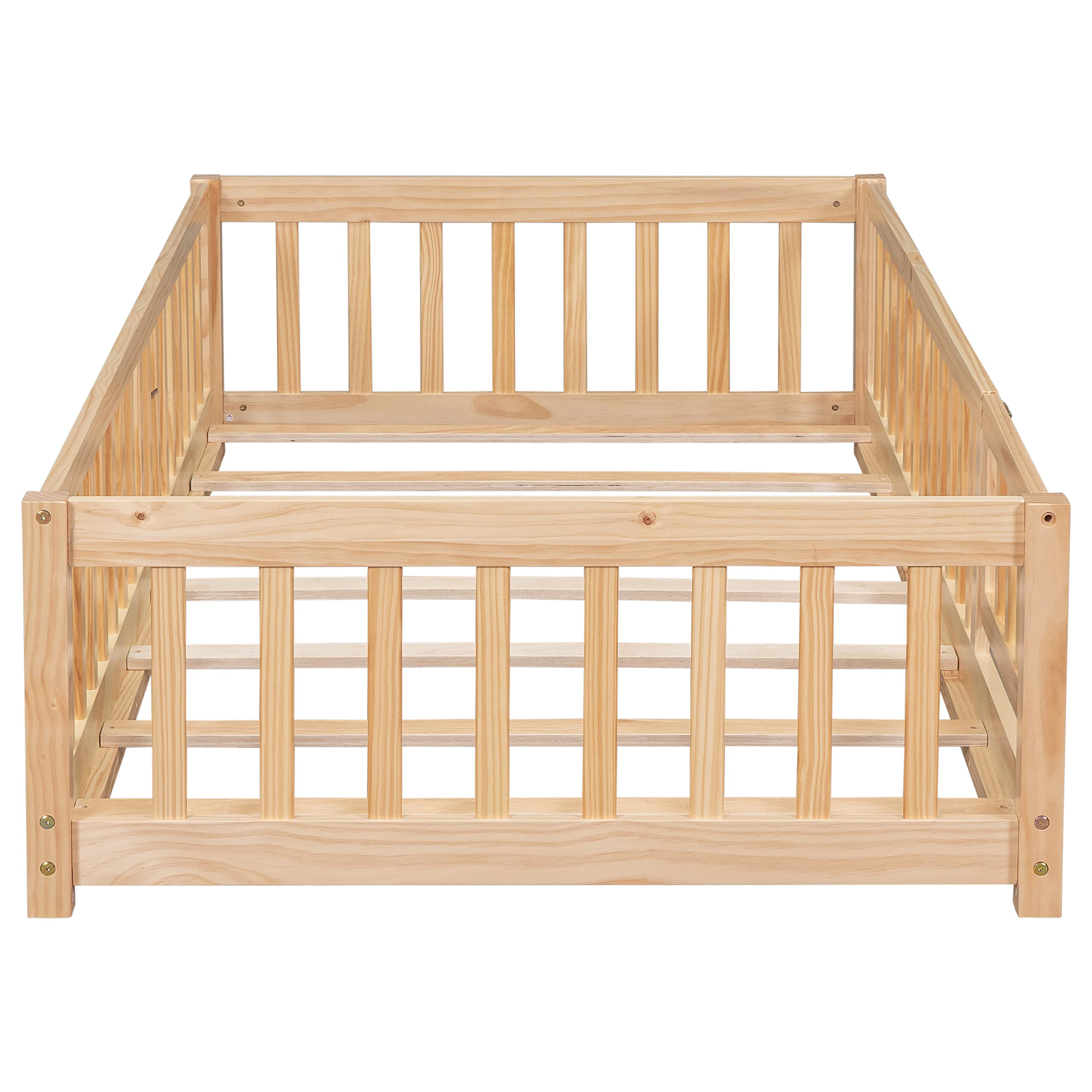 CITYLIGHT Twin Size Floor Bed with Rails and Door, Wood Montessori Floor Bed Twin Size with Support Slats, Kids Twin Bed Frame for Boys,Girls, Natural