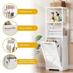 DWVO Tilt Out Laundry Hamper, Hidden Laundry Hamper Cabinet and 3-Tier Storage Shelves with Removable Laundry Basket 53" Tall Bathroom Storage Organizer for Sleeping Room, Laundry Room, White