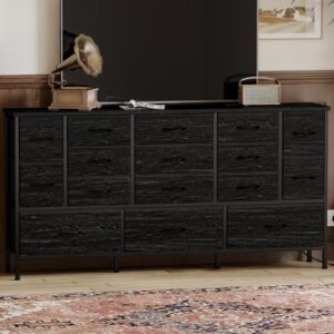 Fixwal 63.3 Inch Large Black Dresser for Bedroom, 16 Drawer Dresser, Long TV Stand for 55, 65, 70 Inch TV with Power Outlets, Fabric Chest of Drawers for Bedroom, Living Room, Entryway, Black