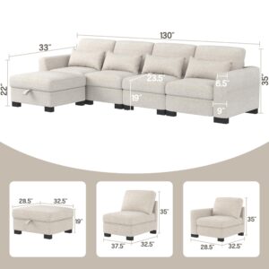 Lonkwa 130" Modular Sectional Sofa Couch, Beige Convertible L-Shaped Couch with 4 Pillow, 4 Seat Modern Fabric Modular Sectional Couch with Storage Ottoman, Sectional Couches for Living Room