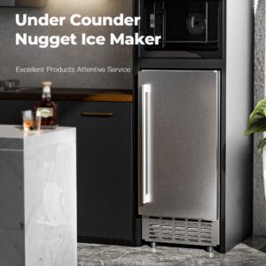 AGLUCKY Under Counter Nugget Ice Maker Machine,Built-in Ice Maker with Drain Pump,70Lbs/Day,18 Lbs Storage,Self-Cleaning & 24H Timer,UnderCounter Ice Machine for Home Use(Silver)