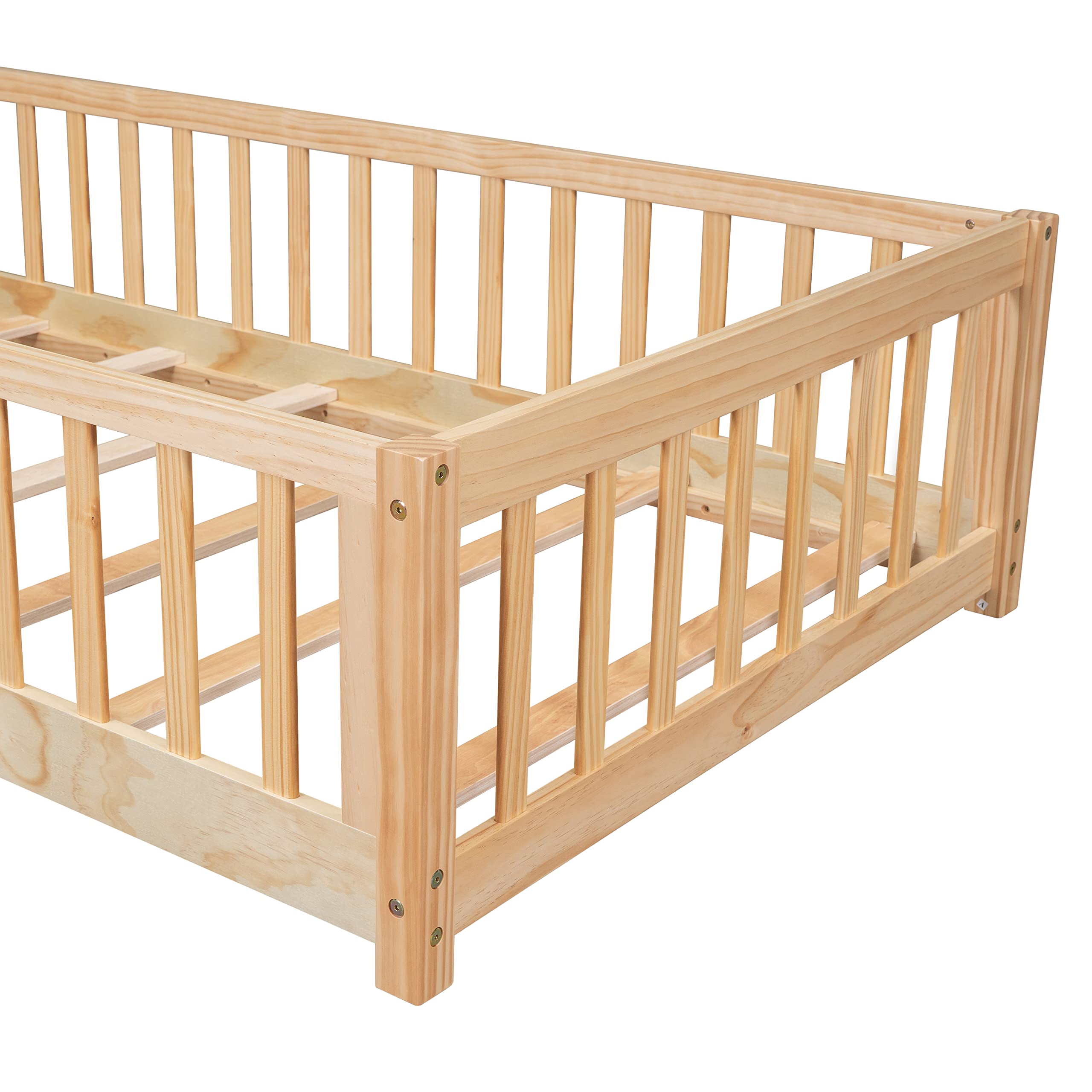 CITYLIGHT Twin Size Floor Bed with Rails and Door, Wood Montessori Floor Bed Twin Size with Support Slats, Kids Twin Bed Frame for Boys,Girls, Natural