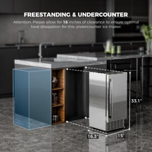 AGLUCKY Under Counter Nugget Ice Maker Machine,Built-in Ice Maker with Drain Pump,70Lbs/Day,18 Lbs Storage,Self-Cleaning & 24H Timer,UnderCounter Ice Machine for Home Use(Silver)