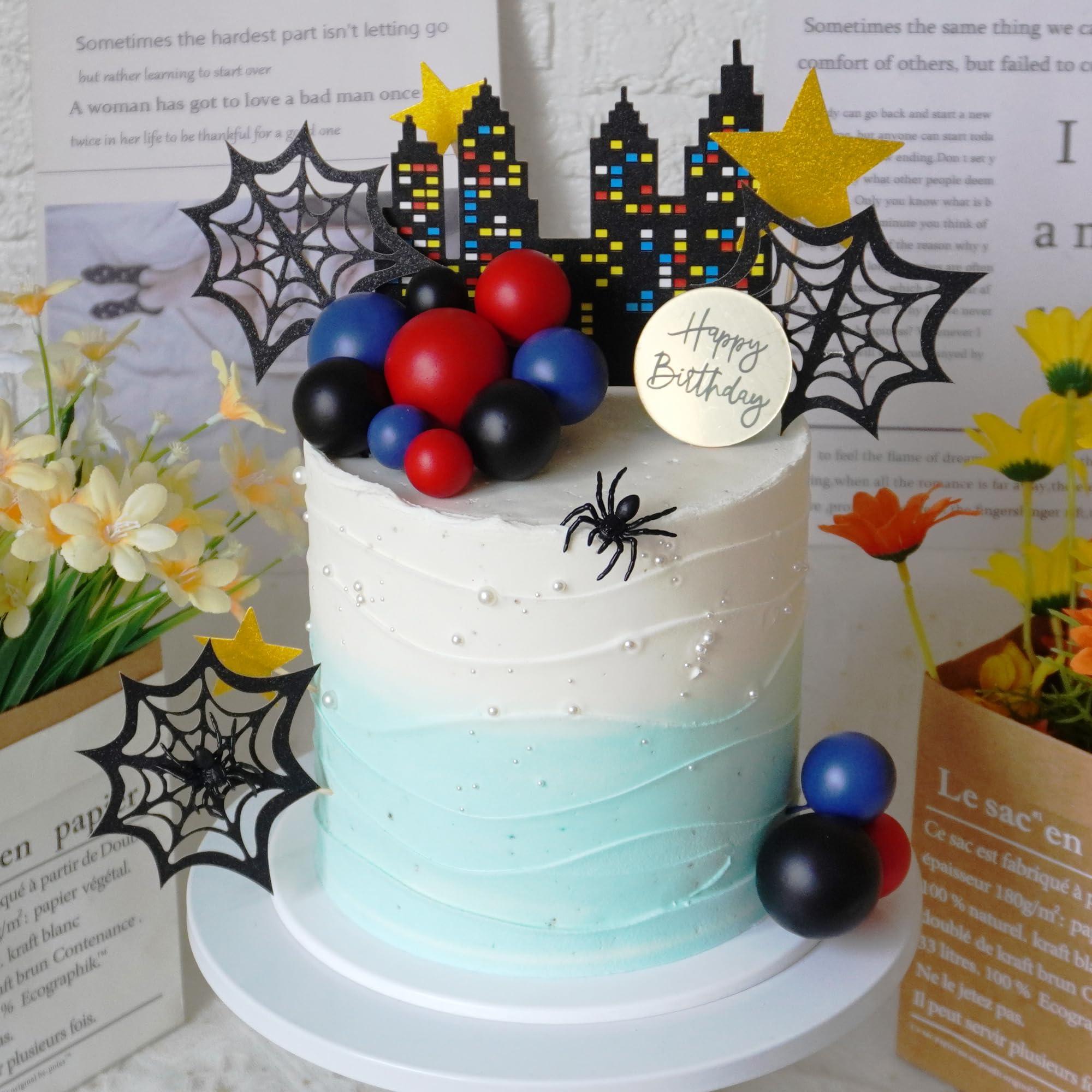 DRWATE Spider Cake Topper with Black Red and Blue Balls Spiders Webs Stars City for Boys Men Birthday Party Baby Shower Supplies (City)