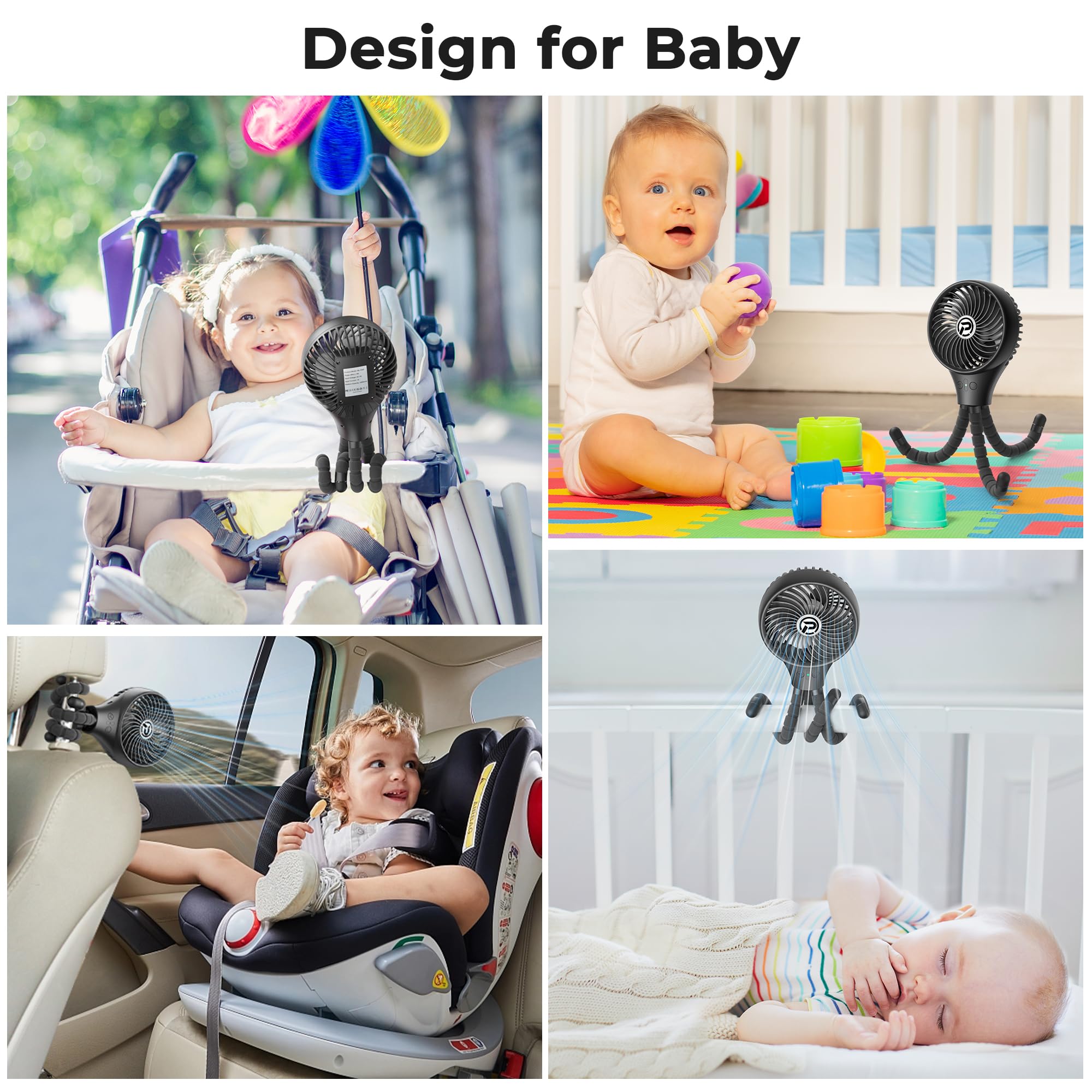 PANERGY Portable Stroller Fan, Rechargeable Battery Powered Oscillating Fan, Baby Fan with 3 Powerful & Quiet Speeds, 90° Oscillation, Flexible Tripod for Stroller, Car, Seat, Crib, Travel