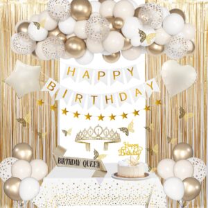 birthday decorations for women, white sand beige cream neutral gold foil balloons table cloth sash crown curtains happy birthday banner golden star garland butterfly boho party supplies