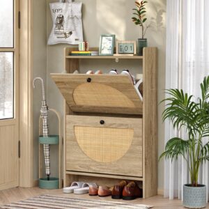 furomate shoe rack storage cabinet with 2 natural semi-circular rattan doors, entryway boho shoe cabinet for sneakers, leather shoes, high heels, slippers, 36.7“ entryway furniture