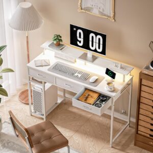 WASAGUN Computer Desk with Drawers and Storage Shelves, Home Office Desk with LED Lights & Power Outlets, Gaming Desk with Monitor Stand, Writing Study Desk, Kids Small Desk for Bedroom, White