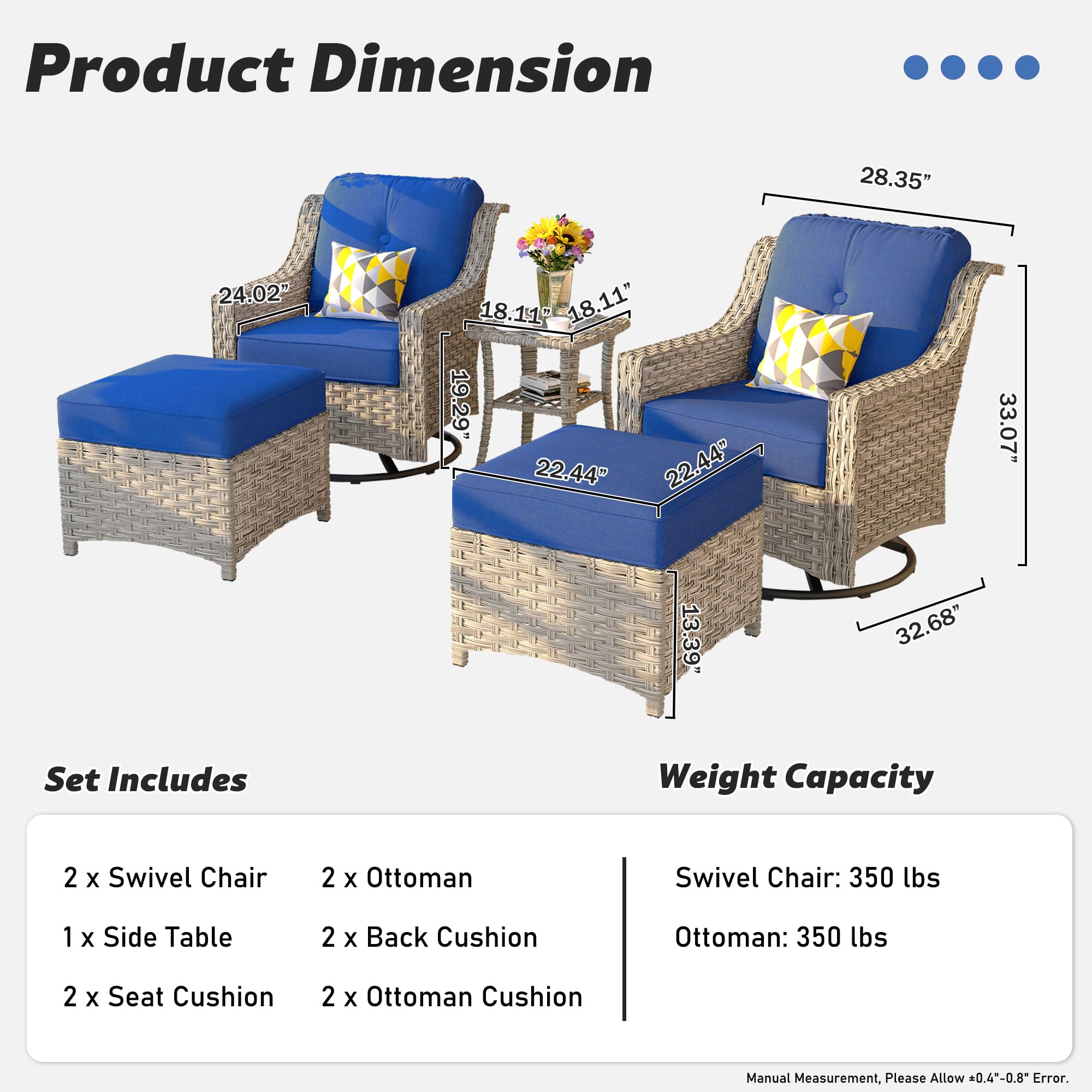 ovios 5 Piece Outdoor Patio Furniture with Swivel Chair & Ottoman,Rattan Wicker Coversation Set with High Back,Sectional Sofa for Outside Porch Balcony Backyard Pool,Navy Blue