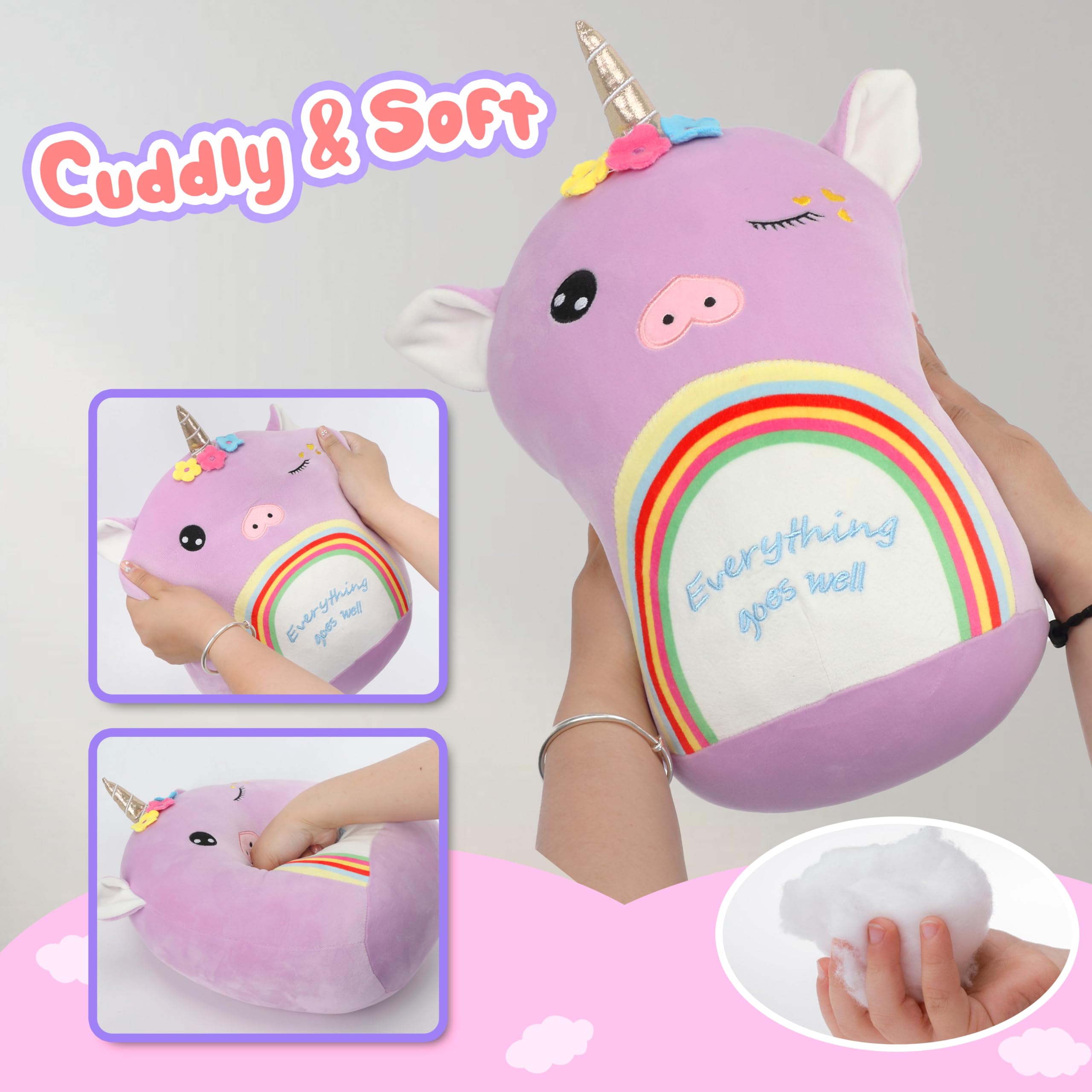 Easfan 14 Unicorn Rainbow Plush Pillow Get Well Stuffed Animals, Cuddly Soft Toy with Blink Eyes Flower Wreath, Everything Goes Well Gifts for Kids Toddlers Girls Boys, Purple