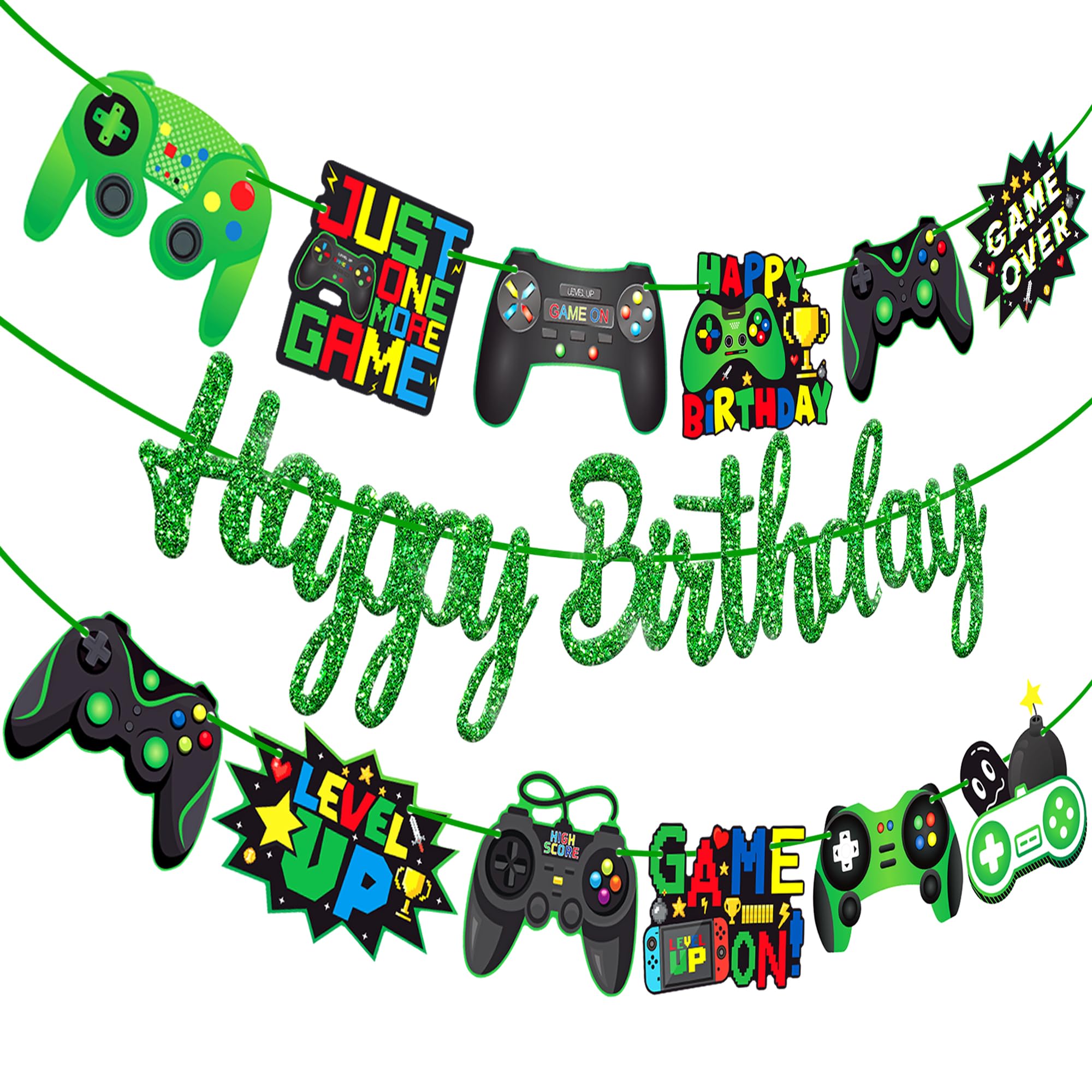 Video Game Birthday Banners Gamer Birthday Party Decorations 3Pcs Game on Party Decorations Gaming Happy Birthday Banner Green for Game Theme Baby Shower Supplies