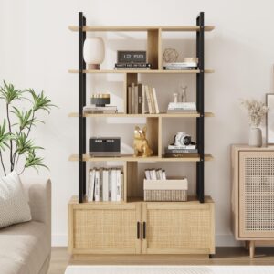 CABIHOME 5 Tier Rattan Bookshelf with Storage Cabinet & Door, 71.1 Inch Tall Industrial Book Shelf with Open Display Shelves, 5 Shelf Bookcase with Metal Frame for Living Room, Bedroom (Burlywood)