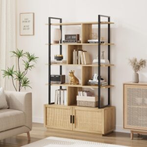 CABIHOME 5 Tier Rattan Bookshelf with Storage Cabinet & Door, 71.1 Inch Tall Industrial Book Shelf with Open Display Shelves, 5 Shelf Bookcase with Metal Frame for Living Room, Bedroom (Burlywood)