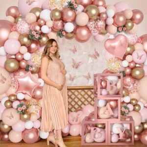 Amandir 135pcs Rose Gold Balloons Girl Baby Shower Decorations Baby Boxes, Butterfly Stickers Balloon Garland Arch Kit Baby Box with Letter (A-Z+Baby) for Wedding Bridal Birthday Party Decoration