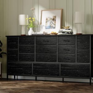 Fixwal 63.3 Inch Large Black Dresser for Bedroom, 16 Drawer Dresser, Long TV Stand for 55, 65, 70 Inch TV with Power Outlets, Fabric Chest of Drawers for Bedroom, Living Room, Entryway, Black