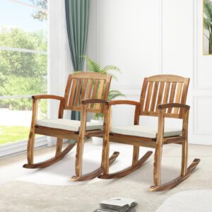 VINGLI Acacia Patio Rocking Chair with Cushions, Outdoor Wooden Rocker Support 400 LBS for Indoors & Outdoors, 2 Pack