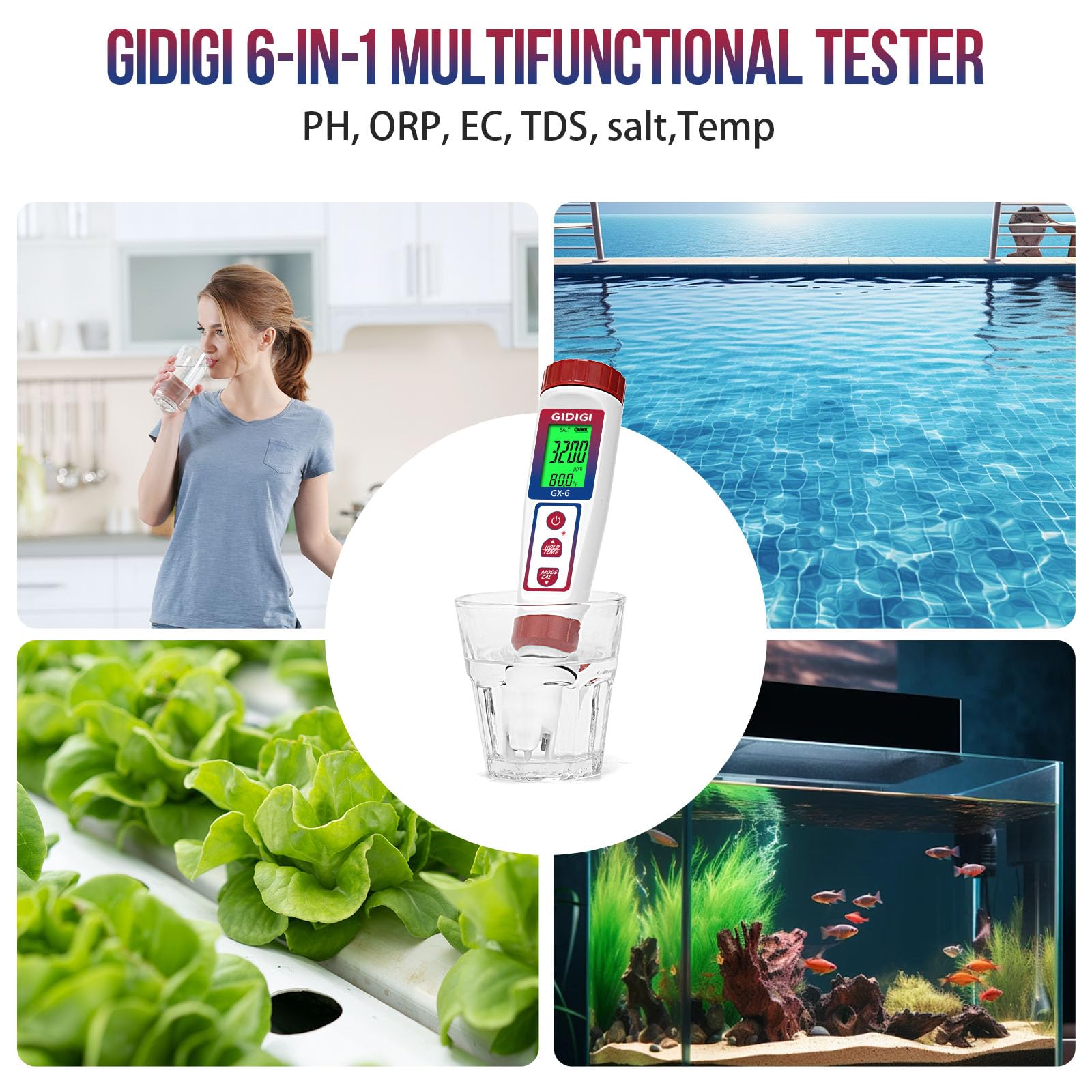 GIDIGI Digital pH Salinity Tester, 6 in 1 Salt pH TDS EC Temp ORP Meter, Multifunction pH Tester for Aquariums Pools, Spa, Hot Tub, Hydroponic, Drinking Water, Home Brewing etc