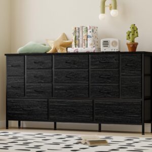 Fixwal 63.3 Inch Large Black Dresser for Bedroom, 16 Drawer Dresser, Long TV Stand for 55, 65, 70 Inch TV with Power Outlets, Fabric Chest of Drawers for Bedroom, Living Room, Entryway, Black