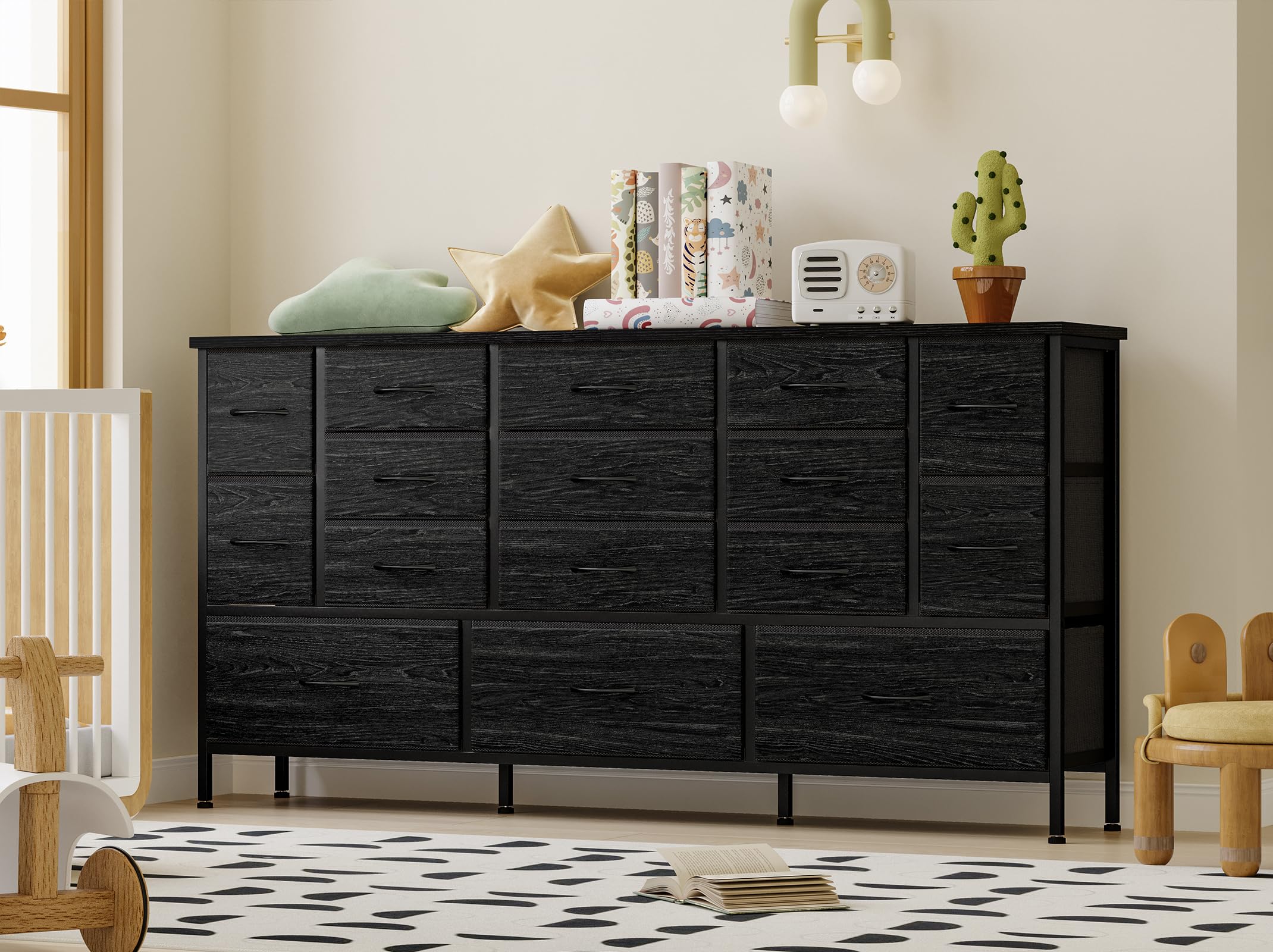 Fixwal 63.3 Inch Large Black Dresser for Bedroom, 16 Drawer Dresser, Long TV Stand for 55, 65, 70 Inch TV with Power Outlets, Fabric Chest of Drawers for Bedroom, Living Room, Entryway, Black