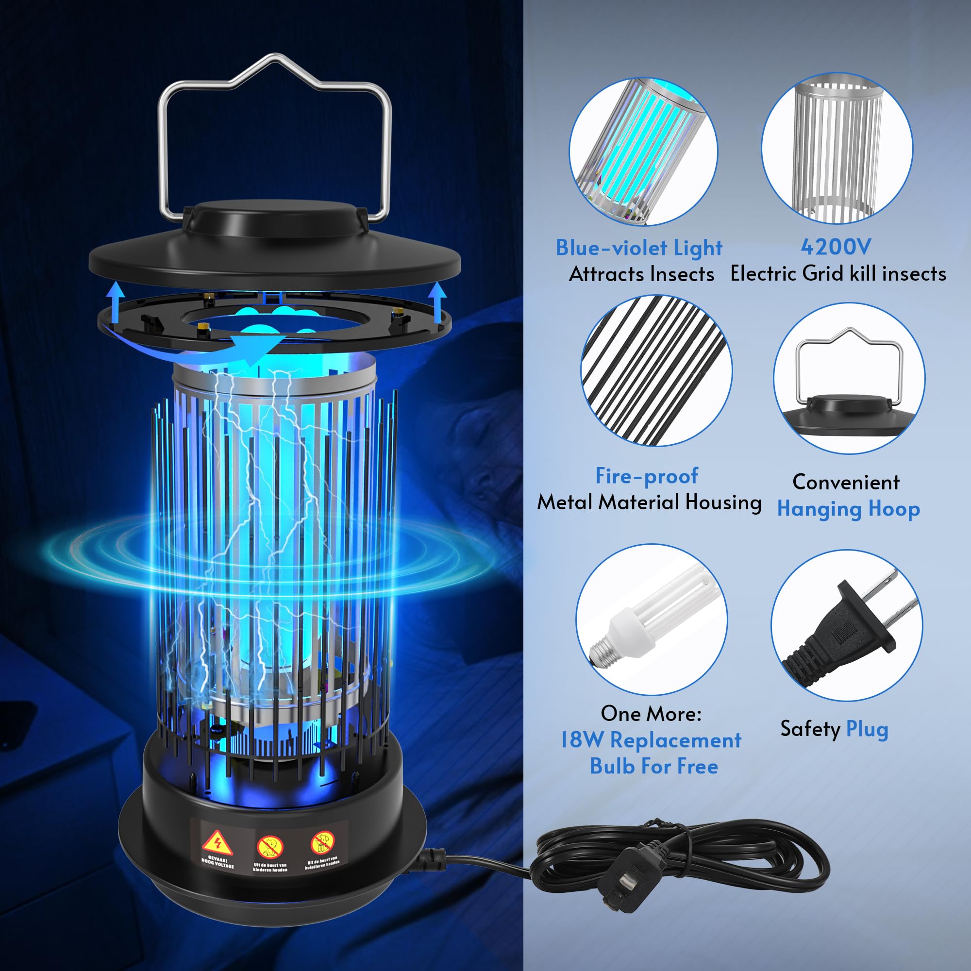 kuyvg Bug Zapper Indoor - Bug Zapper Mosquito Zapper 4200V Fly Zapper Outdoor Mosquito Killer Fly Traps Insect Killer for Home Patio Camping, Plug-in with 4.92 Ft Cord (Replacement Bulb Included)