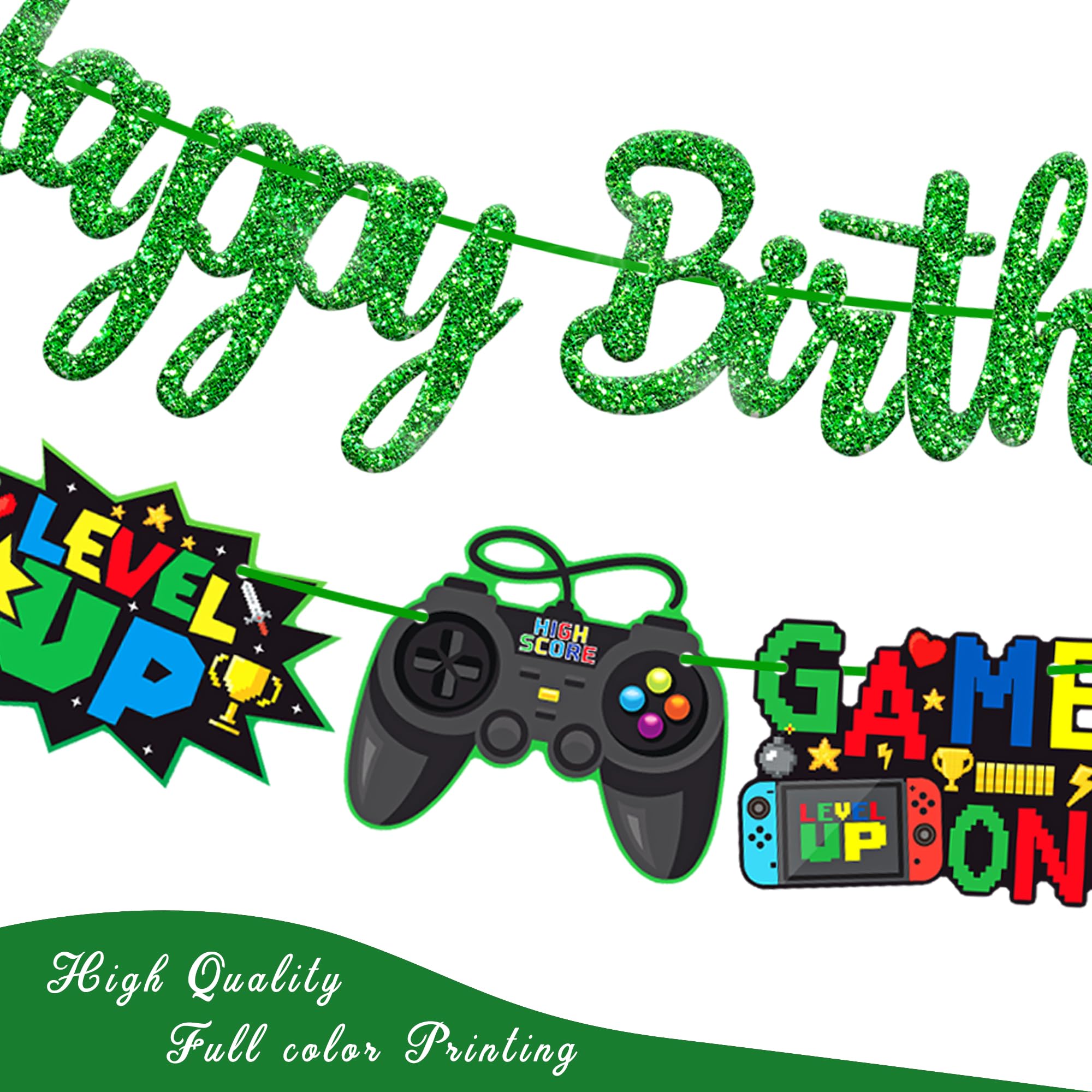 Video Game Birthday Banners Gamer Birthday Party Decorations 3Pcs Game on Party Decorations Gaming Happy Birthday Banner Green for Game Theme Baby Shower Supplies