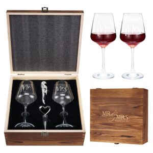 aw bridal mr & mrs wine glasses set of 2, wedding gifts bridal shower gifts engagement gifts wedding gifts for couples bride - wine opener wine stopper with engraved wooden keepsake box