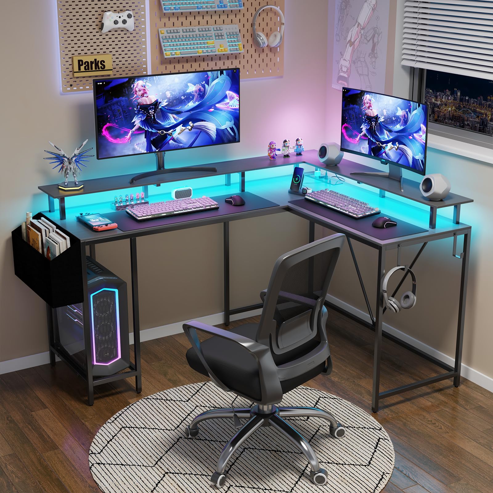 Eivanet 53inch L Shaped Desk,L Shaped Gaming Desk with Power Outlets & LED Lights, Computer Desk with Monitor Stand & Storage Bag, Home Office Desk Corner Desk with Hooks, Easy to Assemble, Grey