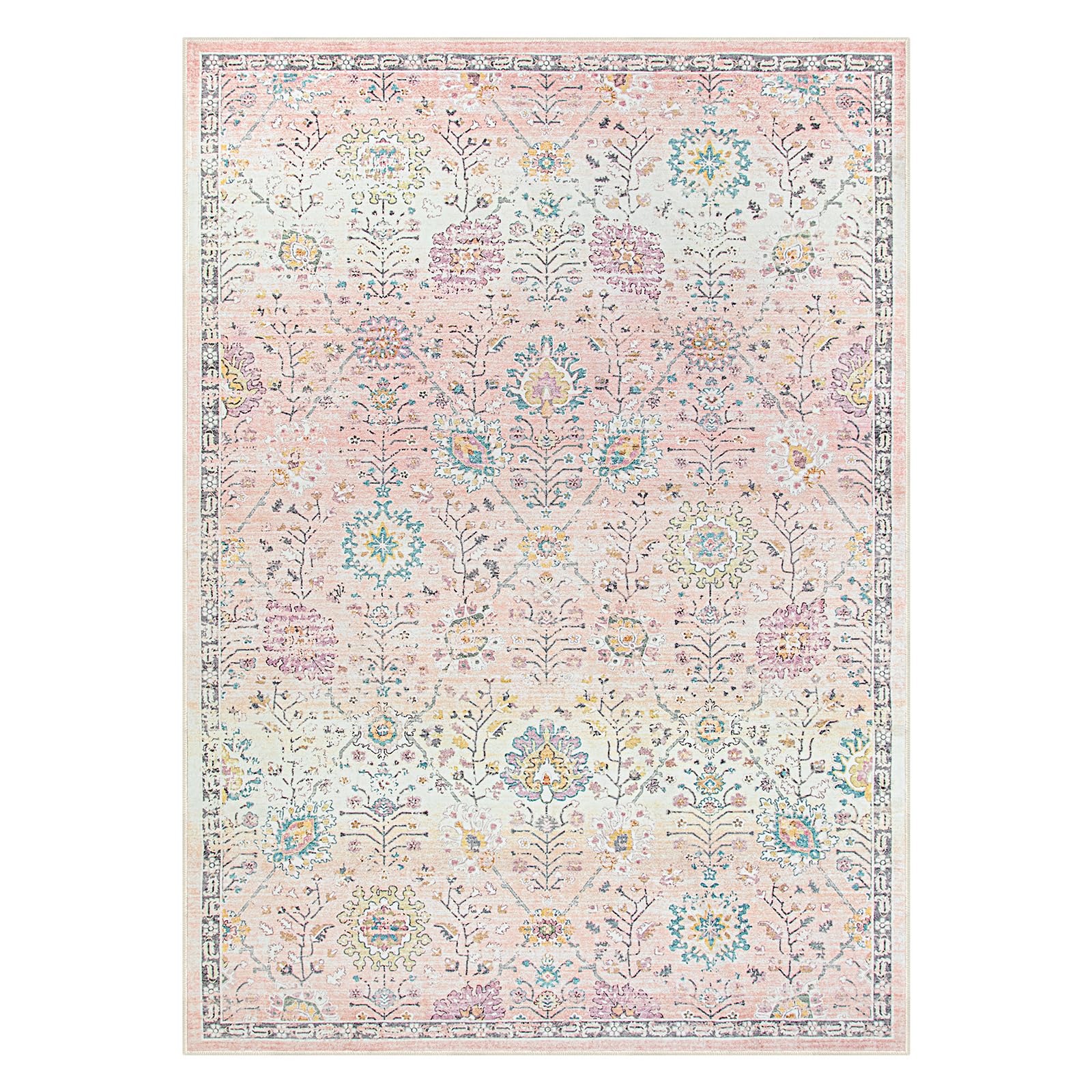 Lahome Pink Boho Area Rug, 5x7 Light Pink Rugs for Bedroom Girls, Soft Floral Nursery Playroom Rug, Machine Washable Pastel Rug Non Slip Floor Carpet for Living Room