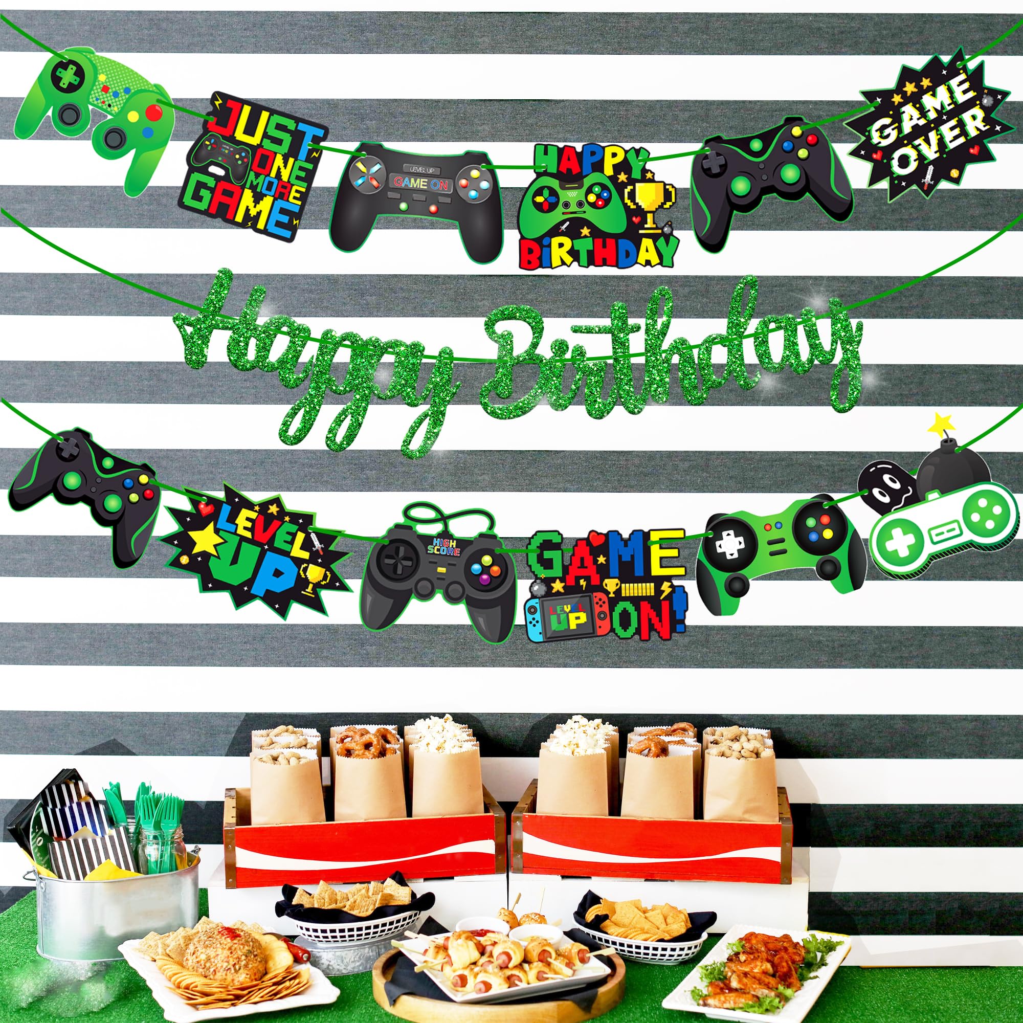 Video Game Birthday Banners Gamer Birthday Party Decorations 3Pcs Game on Party Decorations Gaming Happy Birthday Banner Green for Game Theme Baby Shower Supplies