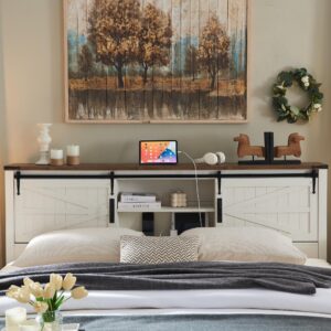 T4TREAM Farmhouse King Size Bed Frame w/Storage Bookcase Headboard, Sliding Barn Door, Charging Station, Rustic Wood Platform Bed w/Wood Slats Support, No Box Spring Needed, Antique White