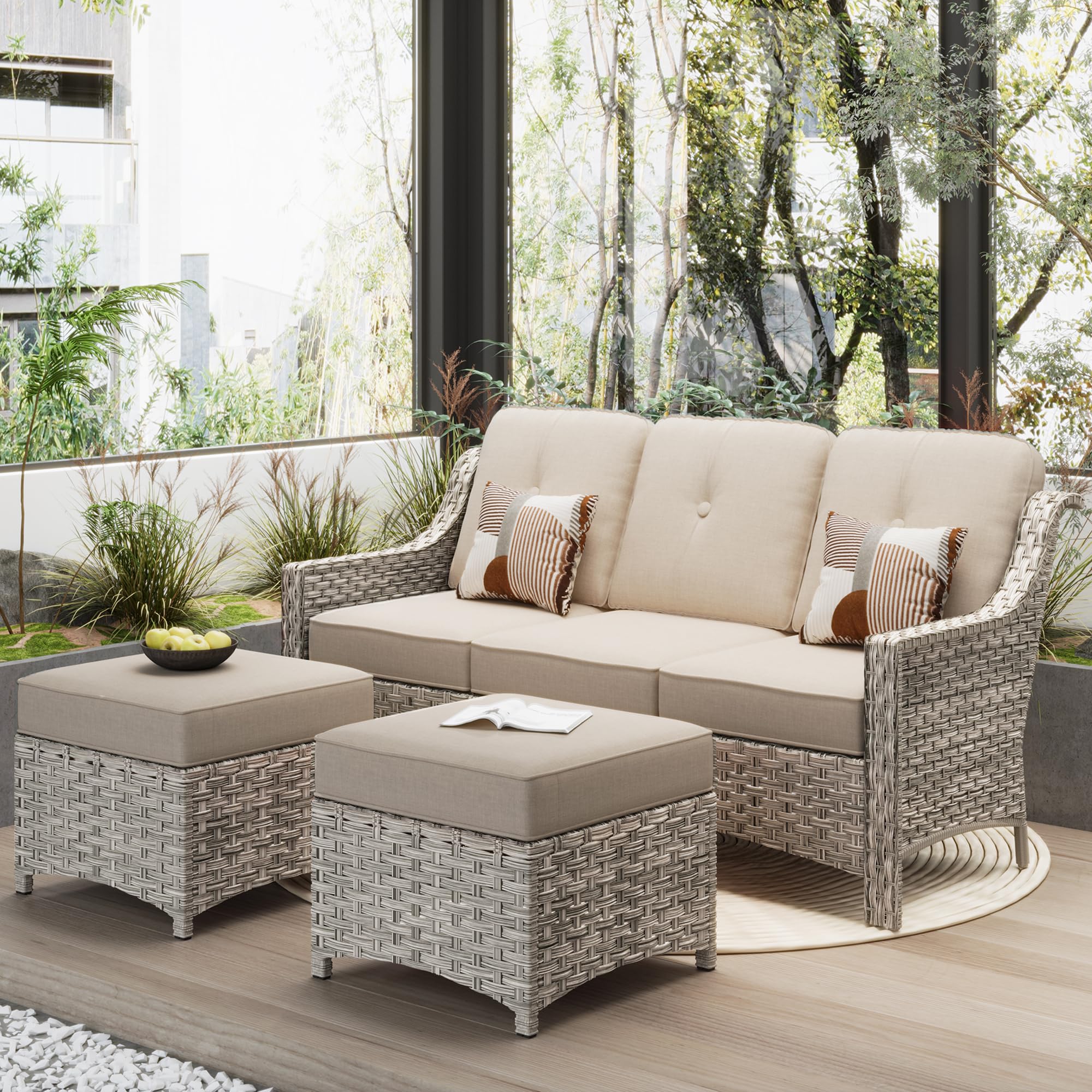 ovios 3 Piece Outdoor Patio Furniture with 3 Seat Sofa & Ottoman,Rattan Wicker Coversation Set with High Back,Sectional Sofa for Outside Porch Balcony Backyard Pool,Beige