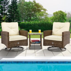 yitahome 3-piece patio wicker swivel chairs, outdoor small furniture rocking coversation chairs w/thick cushions and table for garden, backyard and balcony (tan chairs + off- white cushions)