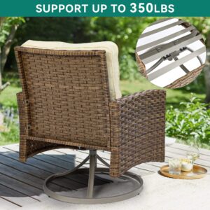 YITAHOME 3-Piece Patio Wicker Swivel Chairs, Outdoor Small Furniture Rocking Coversation Chairs w/Thick Cushions and Table for Garden, Backyard and Balcony (Tan Chairs + Off- White Cushions)