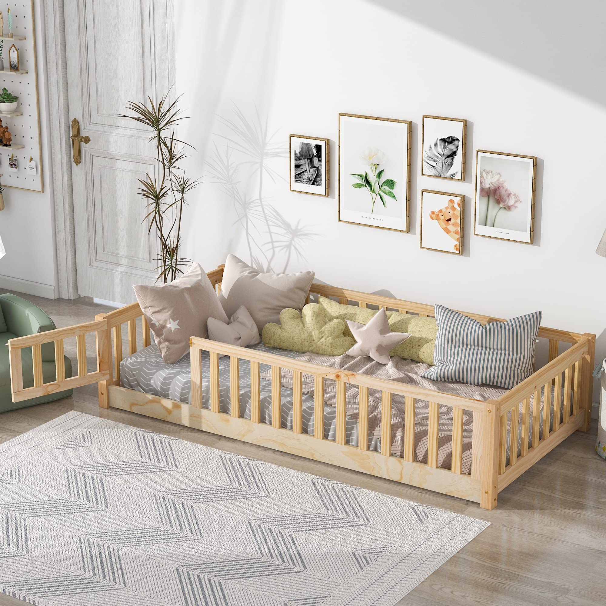 CITYLIGHT Twin Size Floor Bed with Rails and Door, Wood Montessori Floor Bed Twin Size with Support Slats, Kids Twin Bed Frame for Boys,Girls, Natural